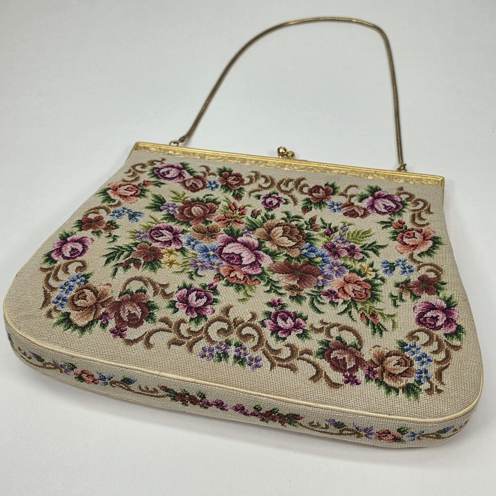 Vintage Floral Needlepoint Handbag Gold Frame Chain Strap Mid Century 50s 60s